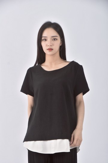 (M) net質感棉質假兩件黑色短袖上衣