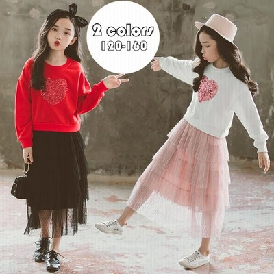 子供服 セットアップ 女の子 キッズ 長袖 春秋 上下セット 2点セット 韓国子供服 ジュニア ハート柄 Tシャツ メッシュ スカート 姫風 可愛い 通販 Lineポイント最大get Lineショッピング