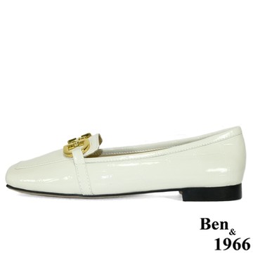 Ben&1966高級頭層牛漆皮流行壓紋方頭休閒樂福鞋-米白(218082)