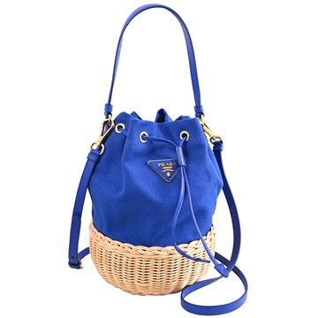 PRADA 1BH115 三角LOGO帆布草編手提兩用水桶包.寶藍色