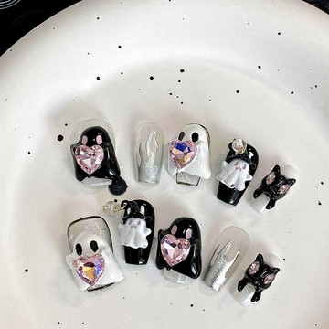 ✨MIMI 🎃萬聖節美甲片 手工穿戴甲萬聖節純手工短款穿戴貼片幽靈黑白美甲閃鑽