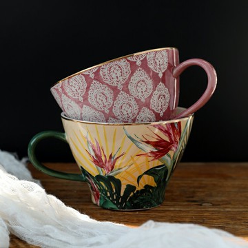 特色創意重工手彩早餐杯花卉牛奶杯燕麥杯甜品杯情侶對杯釉下彩