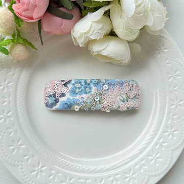 長方型棉布網紗串珠亮片蝴蝶結彈夾-藍綠花園