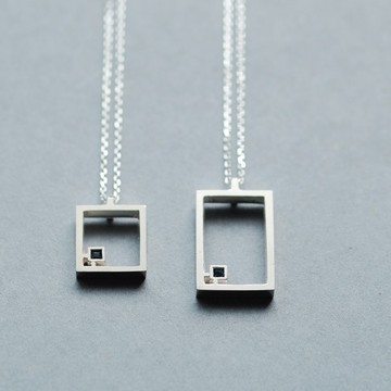 2件組) 天然藍寶石 方框 成對項鍊 925銀