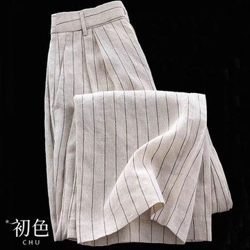 初色 豎條紋棉麻風輕薄休閒褲寬褲長褲-條紋-35400(M-2XL可選)