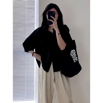 大碼法式七分袖氣質黑色襯衫女夏季新款胖mm寬松遮肉顯瘦外穿上衣
