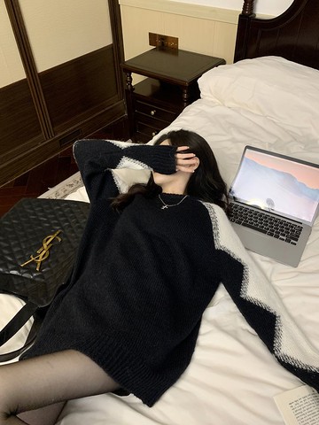 毛衣衫上衣撞色女寬松慵懶風設計感溫柔中長款時尚百搭秋冬季新款