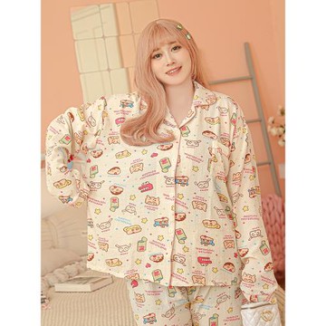100%棉蠟筆小新春秋胖mm大碼睡衣女長袖學生寬松卡通家居服套裝