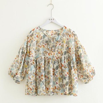 夢箱子2023夏新款復古花朵印花燈籠袖娃娃衫系帶圓領寬松雪紡衫女