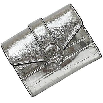 MICHAEL KORS - 鱷魚紋亮面皮革對折短夾 (銀)