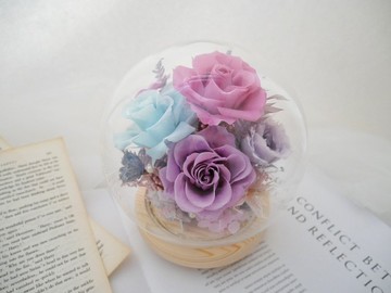 高訂款不凋花玻璃罩夜燈【煙紫天藍】永生花/新婚/七夕情人節