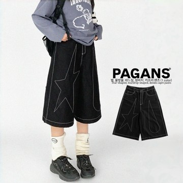 【PAGANS STORE】美式 星星 水滴 不規則 幾何 反車線 線條 七分褲 牛仔 牛仔褲 短褲