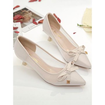 網紗高跟鞋女2024年新款尖頭細跟蝴蝶結女單鞋鏤空透氣時尚工作鞋