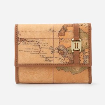Alviero Martini 義大利地圖包 釦式6卡零錢袋短夾-地圖黃