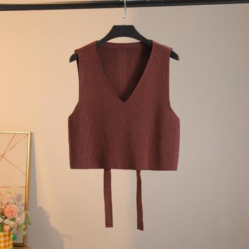 2025春秋季高腰短款馬甲針織咖色后背系帶背心V領搭襯衫毛衣坎肩