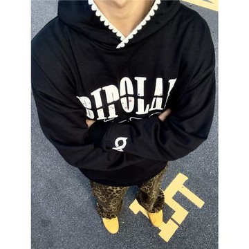 美式高街街頭無限圈字母刺繡連帽衛衣休閑百搭春秋款慵懶風設計感
