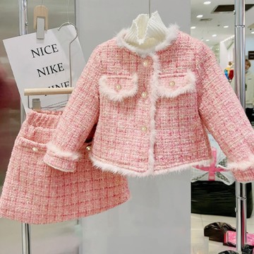 粉嫩氣質名媛毛邊毛尼長袖外套+窄裙 套裝 外套 裙子 短裙 小香風 女童 童裝 兒童 橘魔法 現貨【BB6412】