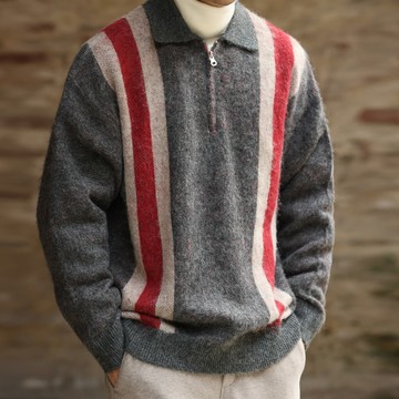Wuluwear 美式復古撞色半拉鍊翻領毛衣男長馬海毛慵懶風外搭上衣