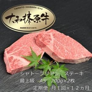 ふるさと納税 定期便 １２ヶ月 A5 大和 榛原牛 シャトーブリアン ステーキ 最上級 200g×2枚 冷凍 月１回 ／うし源 本店 ふるさと納税 ヒレ .. 奈良県宇陀市