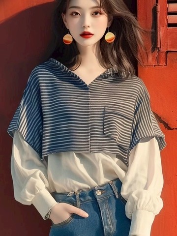 秋天 不規則 設計感女裝 法式復古 宽松长袖条纹 溫柔風 连帽假两件卫衣女