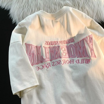 🌸YR🌸 兒童短袖 女童短袖T恤 中大童短袖 100%純棉兒童短袖美式復古字母印花T恤中大童寬鬆百搭半袖上衣潮