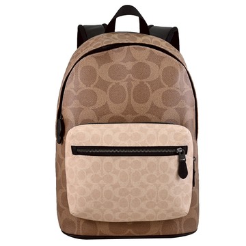 COACH CAB59 West 撞色印花LOGO雙層拉鍊大後背包.駝/卡其