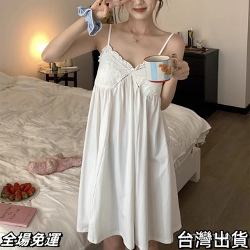 速.發 純慾風帶胸墊弔帶睡衣女夏季甜美可愛荷葉邊睡裙舒適可外穿傢居服 台出