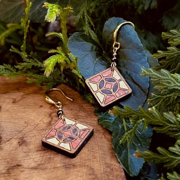 【大正浪漫】七寶 日系窗花手工木鑲嵌耳環 鍍14K耳勾 樹脂耳夾