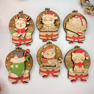 貓咪木製聖誕吊飾組 – 手繪木製節慶裝飾 – 聖誕節