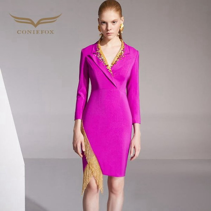 Coniefox 高品質 テーラードカラー ビジュー 揺れる チェーン 長袖 タイトライン 膝丈 ドレス パープル 紫 ワンピース パーティードレス 通販 Lineポイント最大0 5 Get Lineショッピング