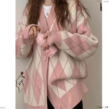 秋冬日系撞色復古慵懶寬鬆菱形中長款加厚毛衣外穿開衫女外套
