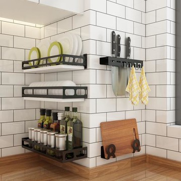 免打孔廚房置物架壁掛式碗碟砧板架調味料品掛桿刀架鍋蓋架收納架