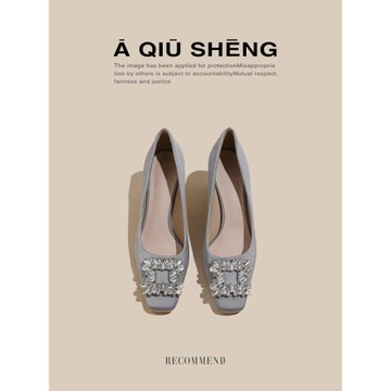 方頭水鉆粗跟單鞋2025年新款氣質淺口黑色工作鞋配裙子伴娘高跟鞋