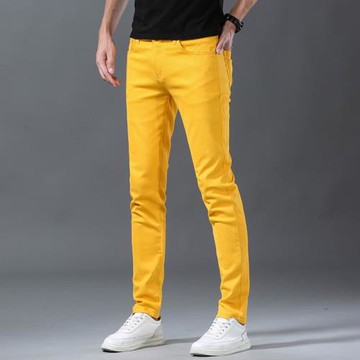 2022年夏季薄款黃色牛仔褲男士彈力修身小腳百搭休閑長褲子男潮牌