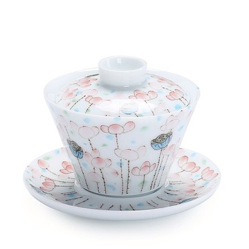 陶瓷蓋碗大號三才茶碗茶托泡茶杯白瓷粉彩功夫茶具敬茶蓋杯