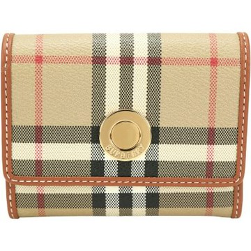 BURBERRY 巴寶莉 新版 金屬徽標格紋塗層拼皮三折釦式短夾(典藏米)