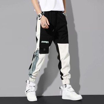 秋冬款高街拼接工裝褲男潮牌ins寬松束腳哈倫褲韓版潮流休閑褲子