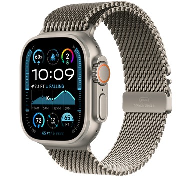 Apple Watch Ultra 2 (GPS + 行動網路)；49 公釐原色鈦金屬錶殼；原色鈦金屬米蘭式錶環 - S