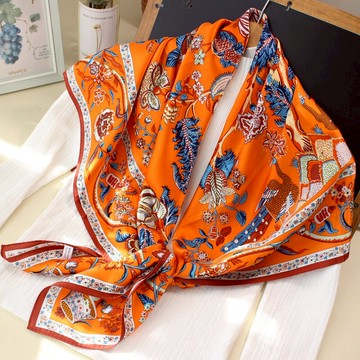 貴氣真絲綢緞面絲巾女大方巾110桑蠶絲橘色高雅披肩春秋冬季圍巾1入