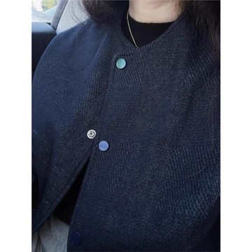 2024年新款小眾藏藍色日系藝術生小香風短外套復古慵懶風寬松上衣