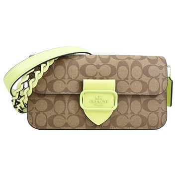 COACH CJ616 馬車LOGO印花皮革翻蓋兩用包.卡其/淺綠