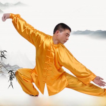春夏秋南韓絲太極服男女武術練功服長袖太極拳服表演服套裝金黃色