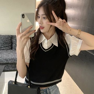 大碼胖mm假兩件短款襯衫女夏季甜辣風寬松顯瘦遮肚polo領短袖上衣