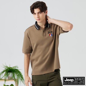 JEEP 男裝 撞色條紋領短袖POLO衫-卡其色