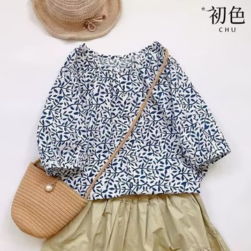 初色  復古青花瓷碎花寬鬆百搭五分袖T恤上衣-藍色-68462(M-2XL可選)