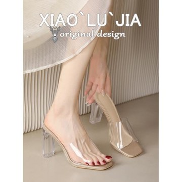 透明涼鞋女2025年夏季新款粗跟高跟水晶拖鞋外穿時尚百搭一字拖