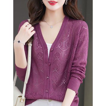 初秋新款針織開衫女中年媽媽裝V領薄款縷空洋氣小香風外套毛衣服