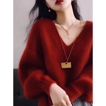 正品哥家女裝2025秋冬新款紅色慵懶風V領毛衣軟糯寬松羊毛針織衫