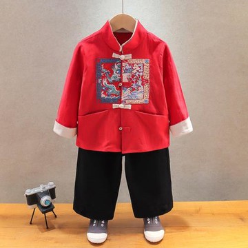 漢服男童春秋薄款中國風喜慶紅色寶寶套裝周歲禮服民族風兒童唐裝