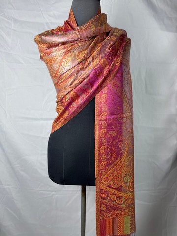 【母親節禮物】印度喀什米爾 手工編織 蠶絲披肩 - 珊瑚橘